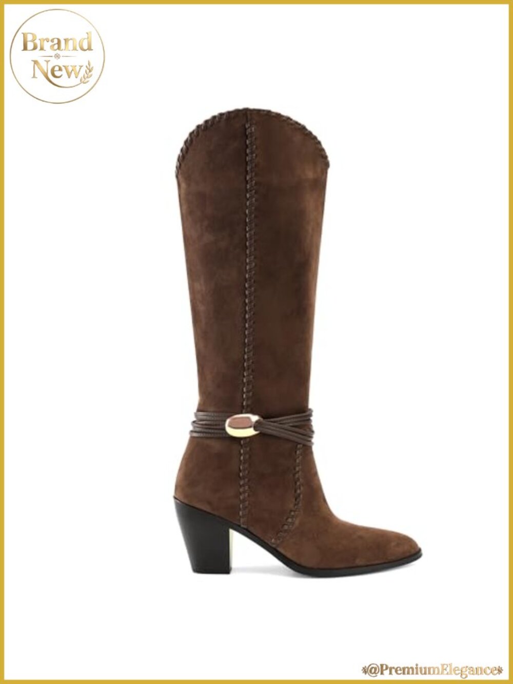 Faux Suede Cowboy Boots Pointed Toe Knee High Chunky Heel Pull On
